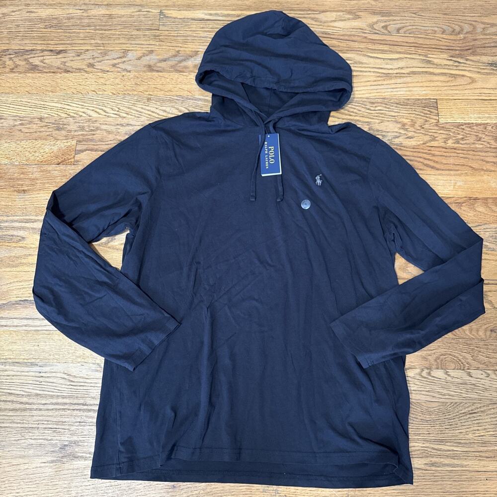 NWT Polo Ralph Lauren Men XL Black Lightweight Hooded T Shirt Long Sleeve Cotton